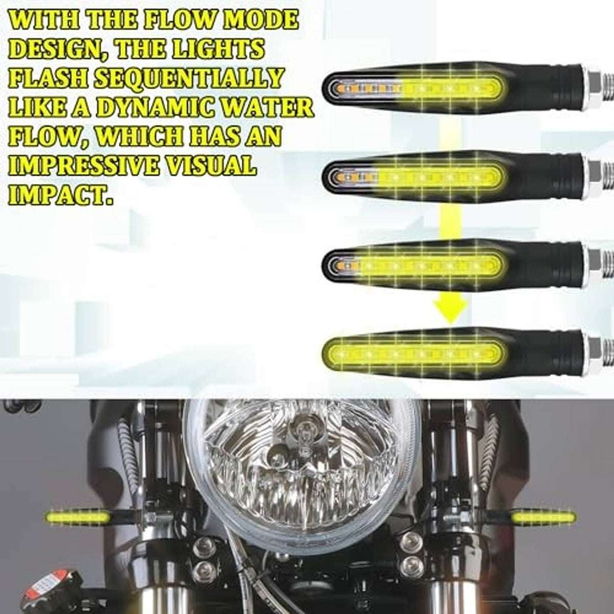 Motorcycle LED turn signal light with yellow lens, black housing, angled view