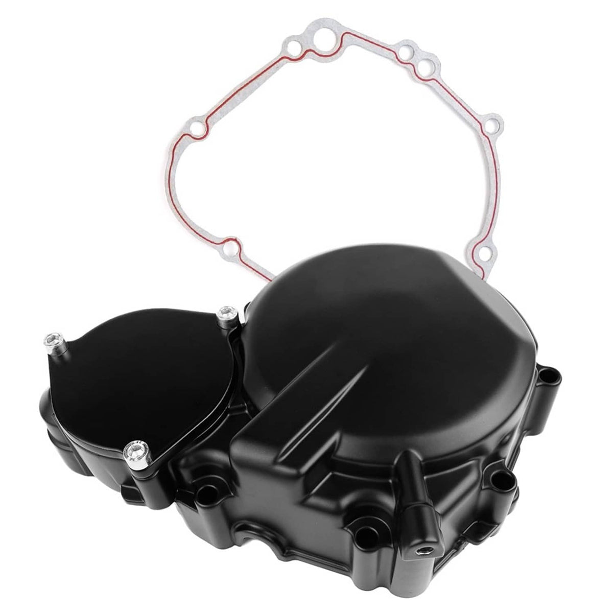Black left engine crankcase cover with attached bolts and matching gasket outline