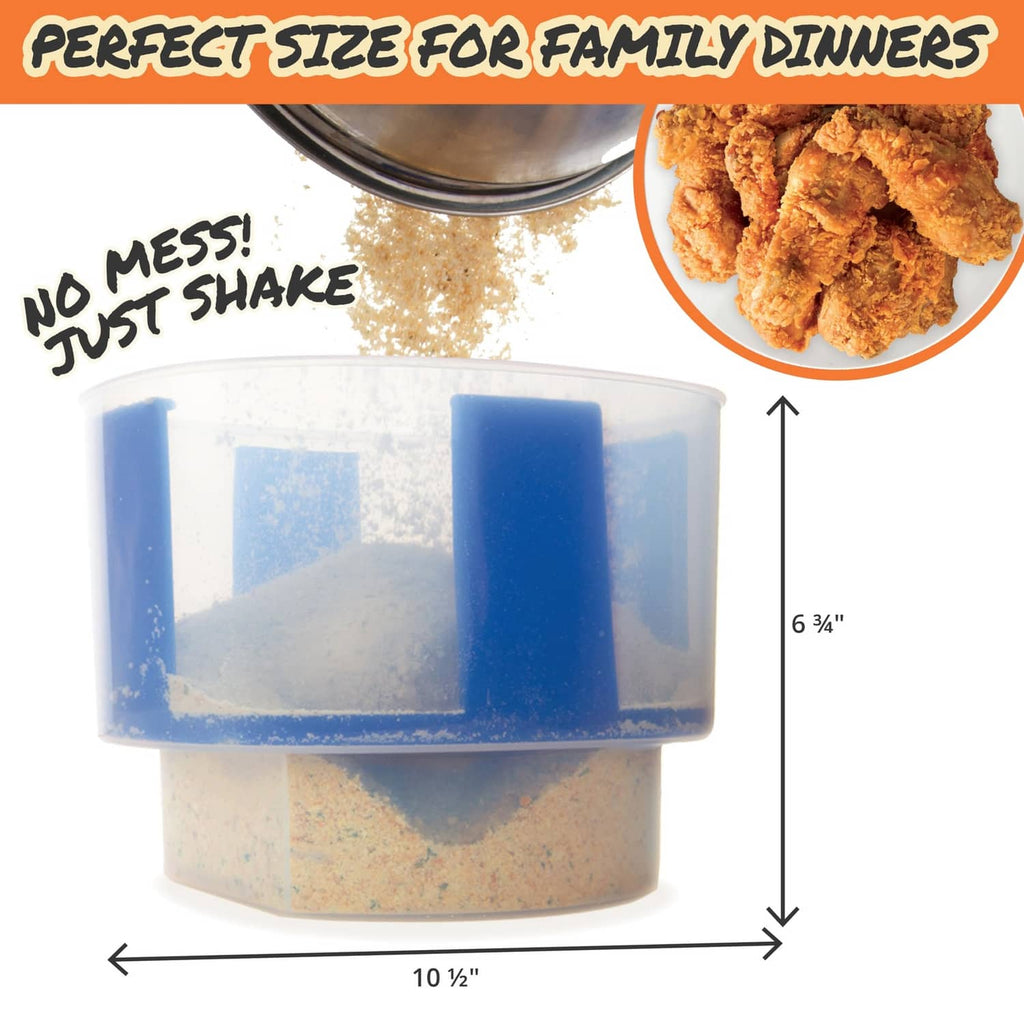 Better Breader bowl with blue top insert showing dimensions for family dinner use