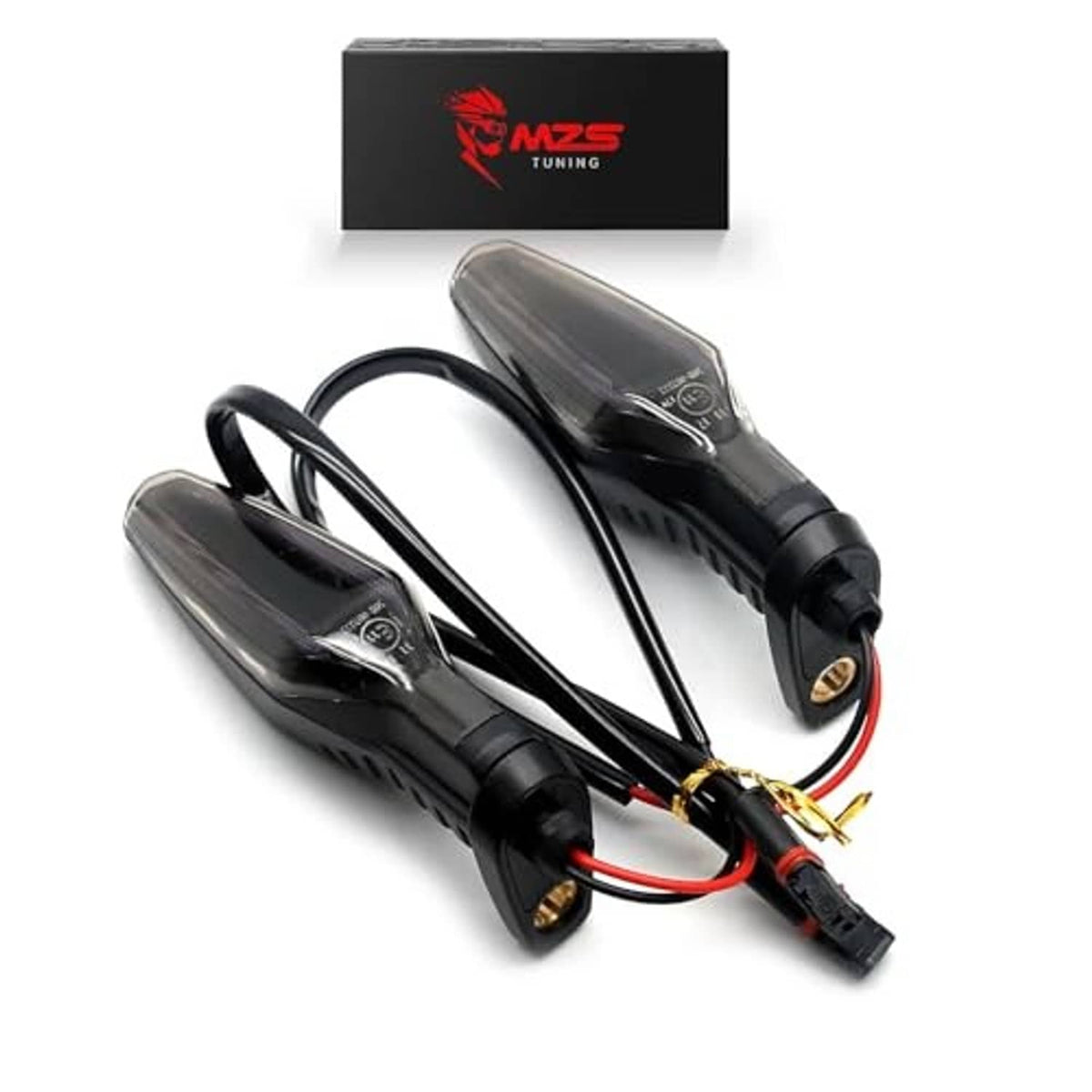 Motorcycle turn signal lights set: smoked amber lenses on black housings with wiring