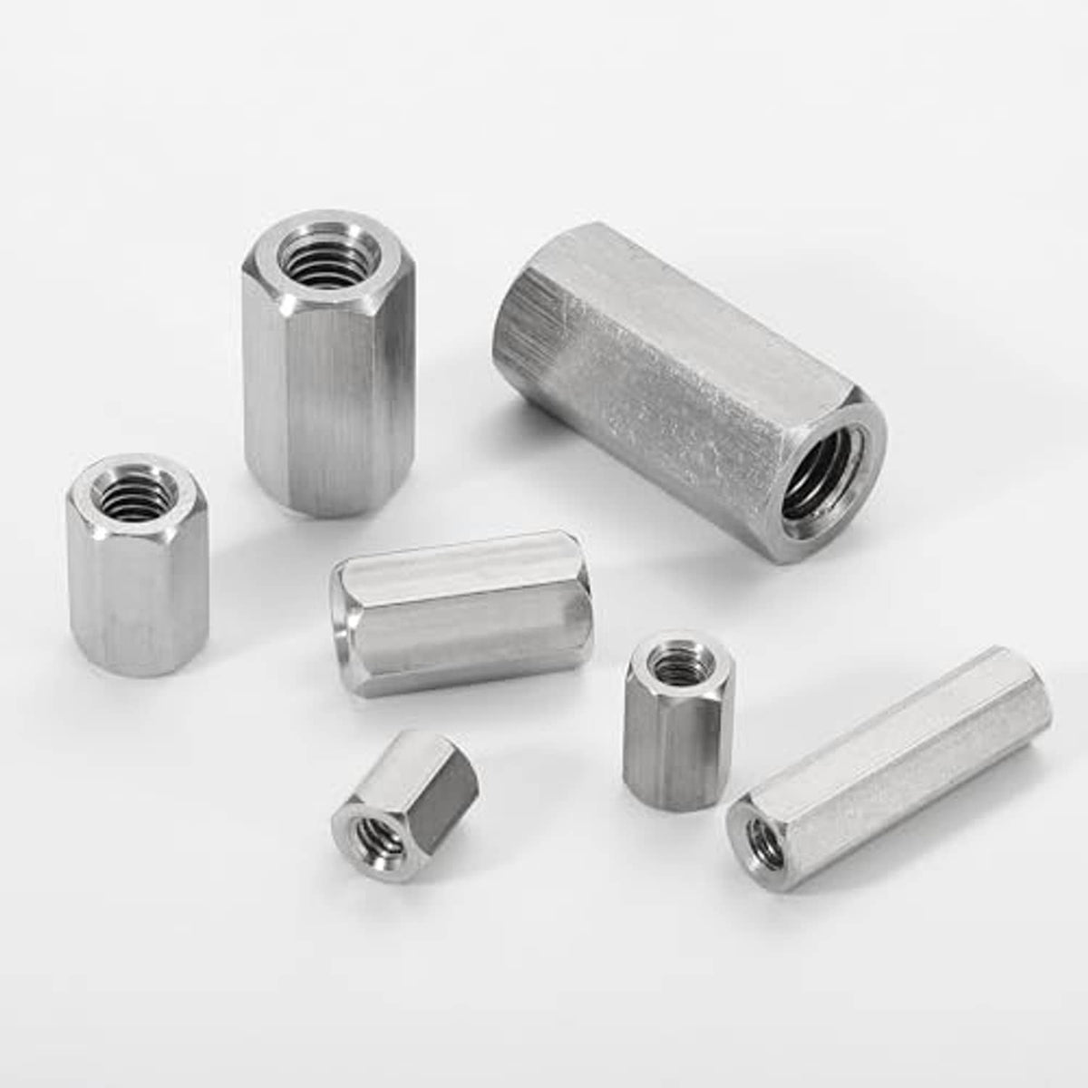 Assorted 304 stainless coupling nuts, hexagonal sleeves, internal UNC threads