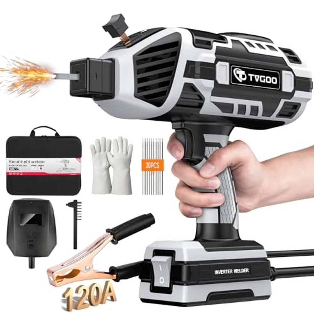 Portable inverter welding gun in grey and white, front vents and trigger grip
