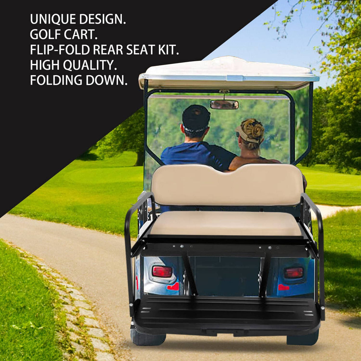 Tan rear back seat kit installed on golf cart with padded backrest and base platform