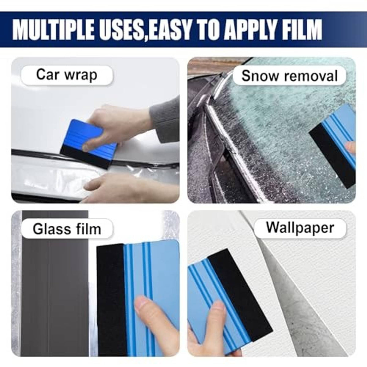 Mini felt edge squeegee tools, blue plastic scraper sheets with black felt edges