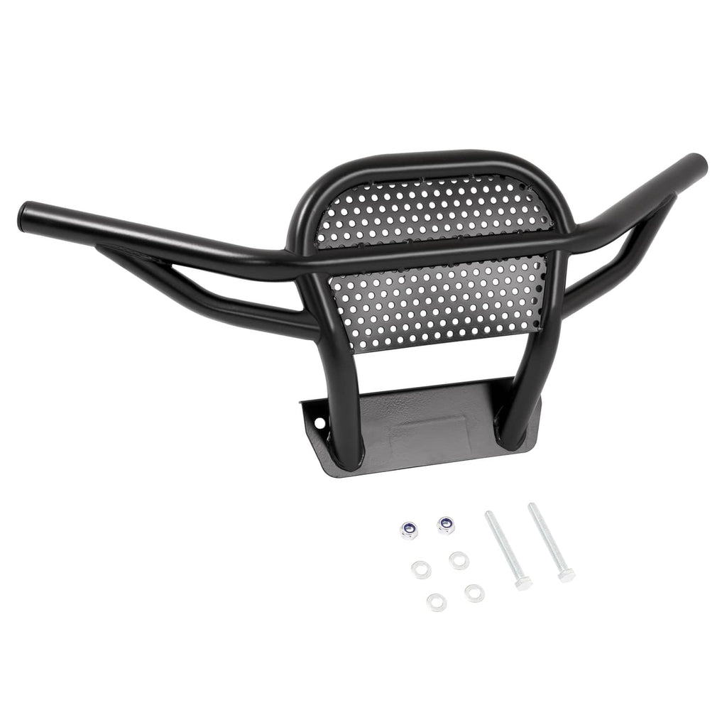 Black brush guard with perforated mesh panel and side bars; includes mounting bolts