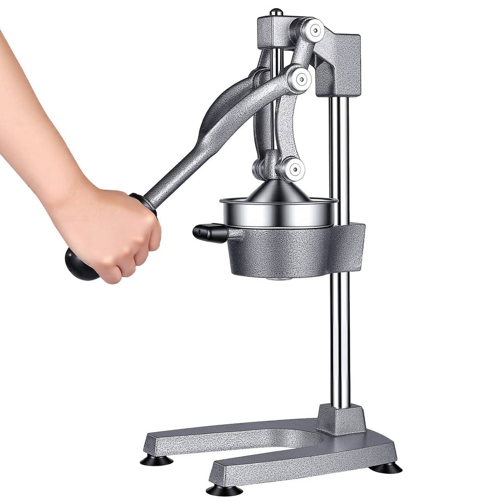 Manual citrus juicer with lever, dome reamer, and round press cup on stand