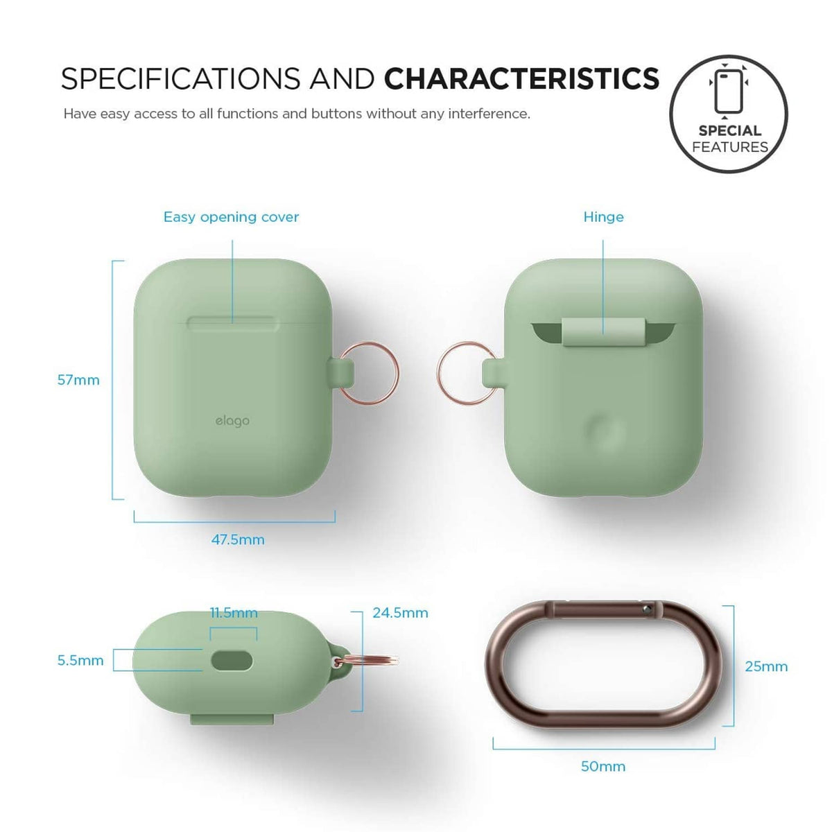 Mint green silicone AirPods case, front and back views with hinge and carabiner
