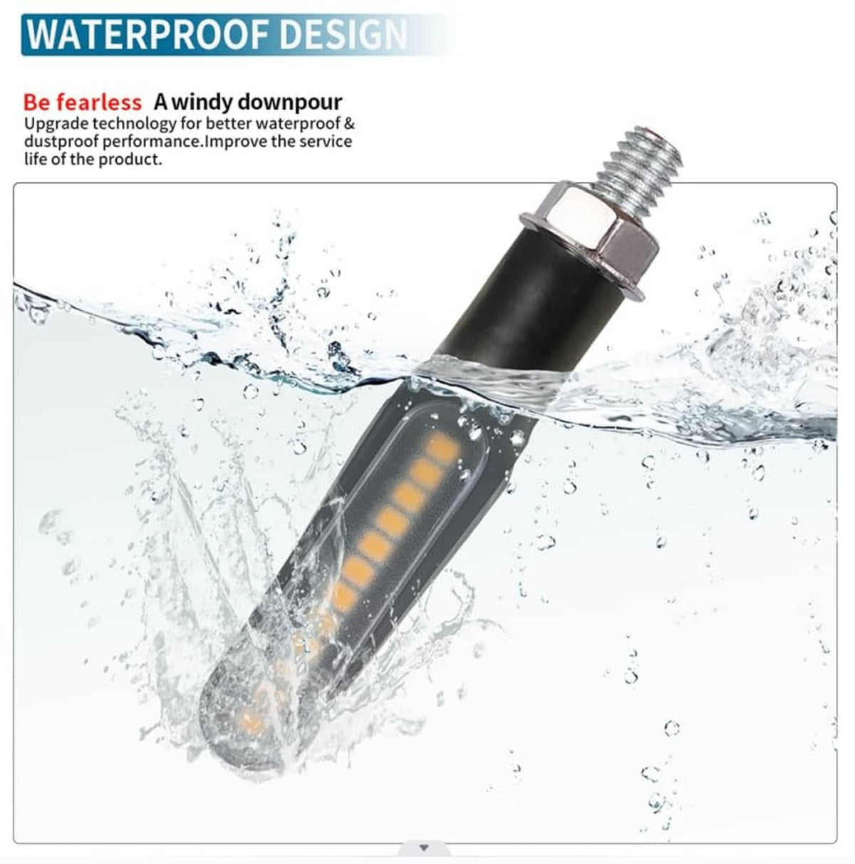 Waterproof black motorcycle sequential amber LED turn signal with splash water around lens