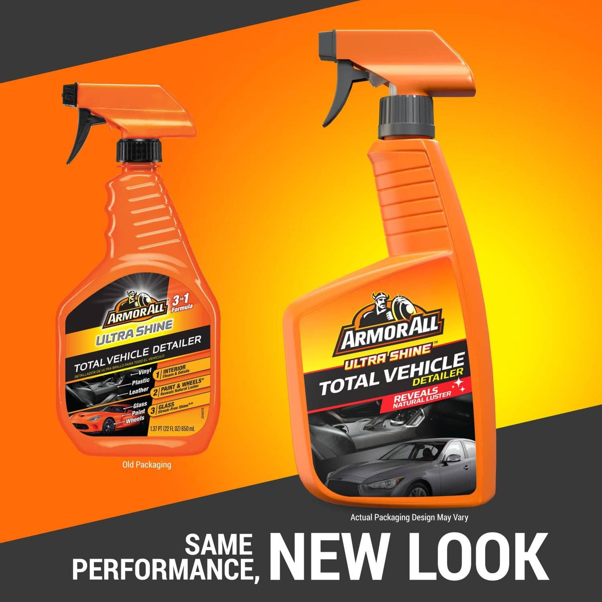 Two orange Armor All vehicle detailer bottles with spray nozzles, 3-in-1