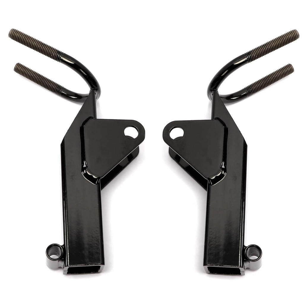 Black lower A-arm lift brackets with threaded U-bolts and round pivot holes