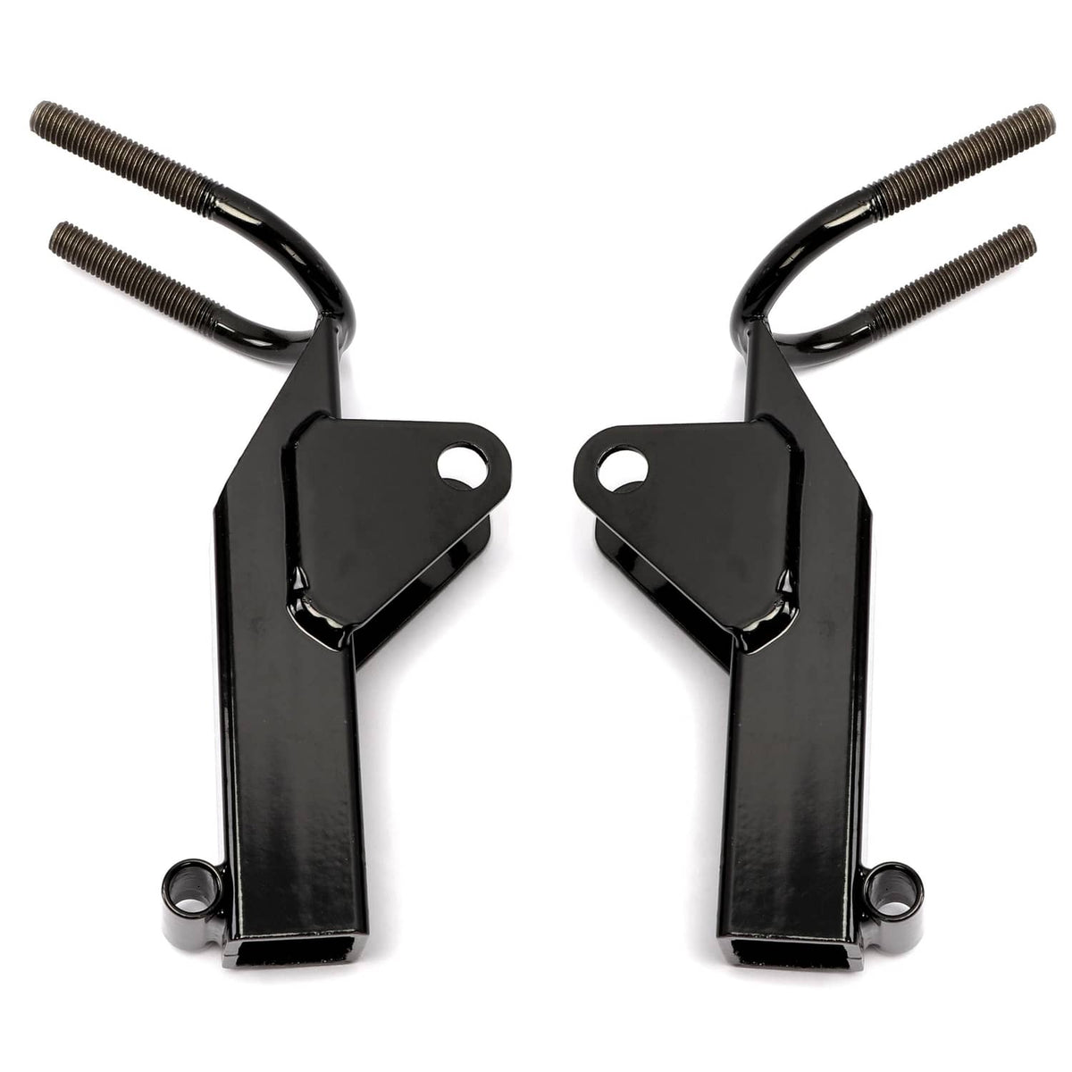 Black lower A-arm lift brackets with threaded U-bolts and round pivot holes