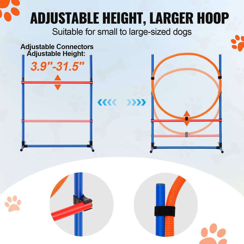 Adjustable dog agility hoop and hurdle jump frame with blue posts and red bars