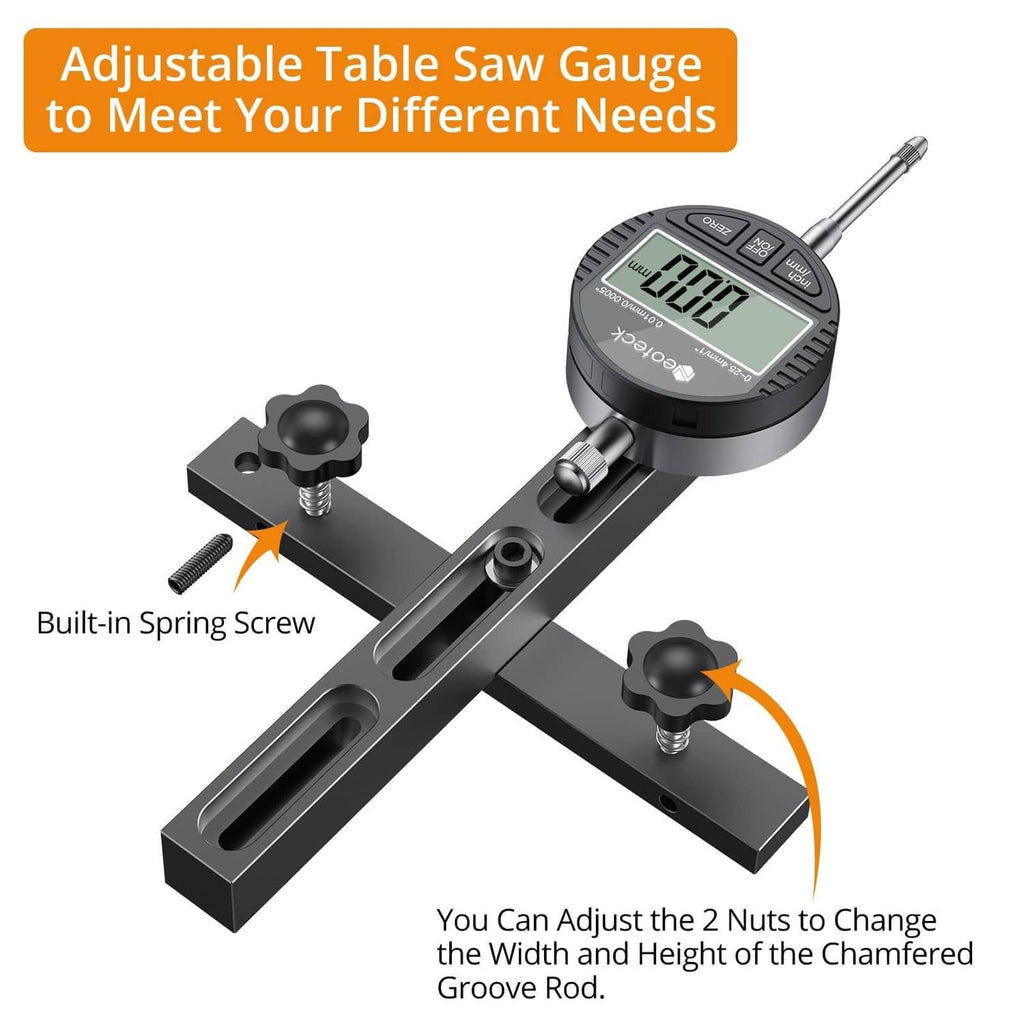 Adjustable table saw gauge with spring screw for changing indicator position