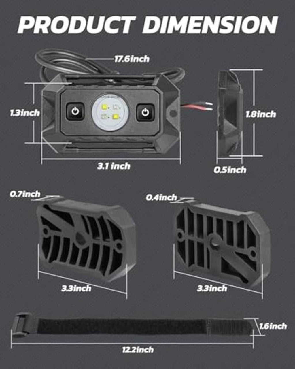 UTV dome light with vented housing shown with product dimension markings
