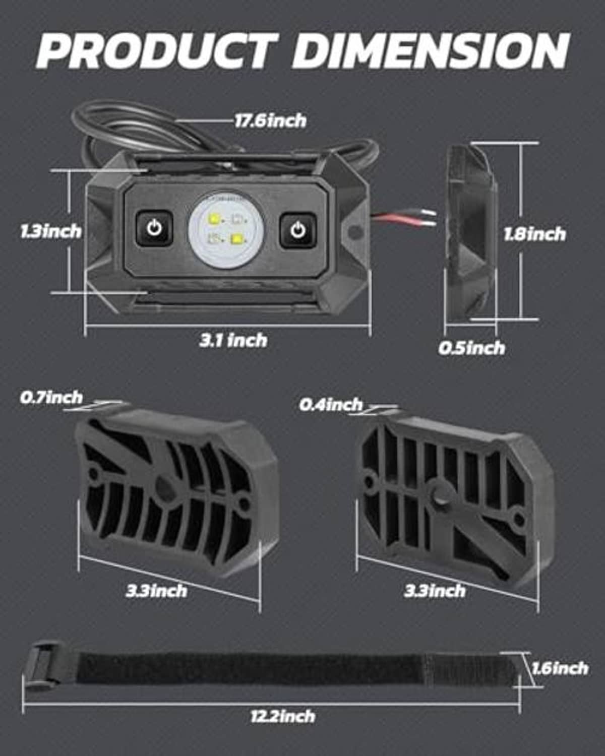 UTV dome light with vented housing shown with product dimension markings