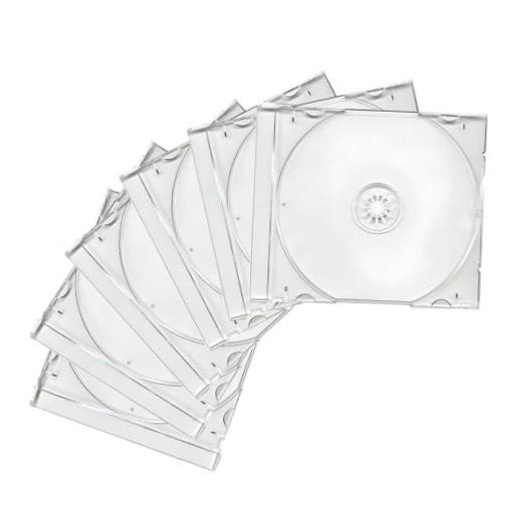 Six-pack clear slim CD jewel cases with transparent trays, stacked for storage