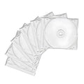 Six-pack clear slim CD jewel cases with transparent trays, stacked for storage