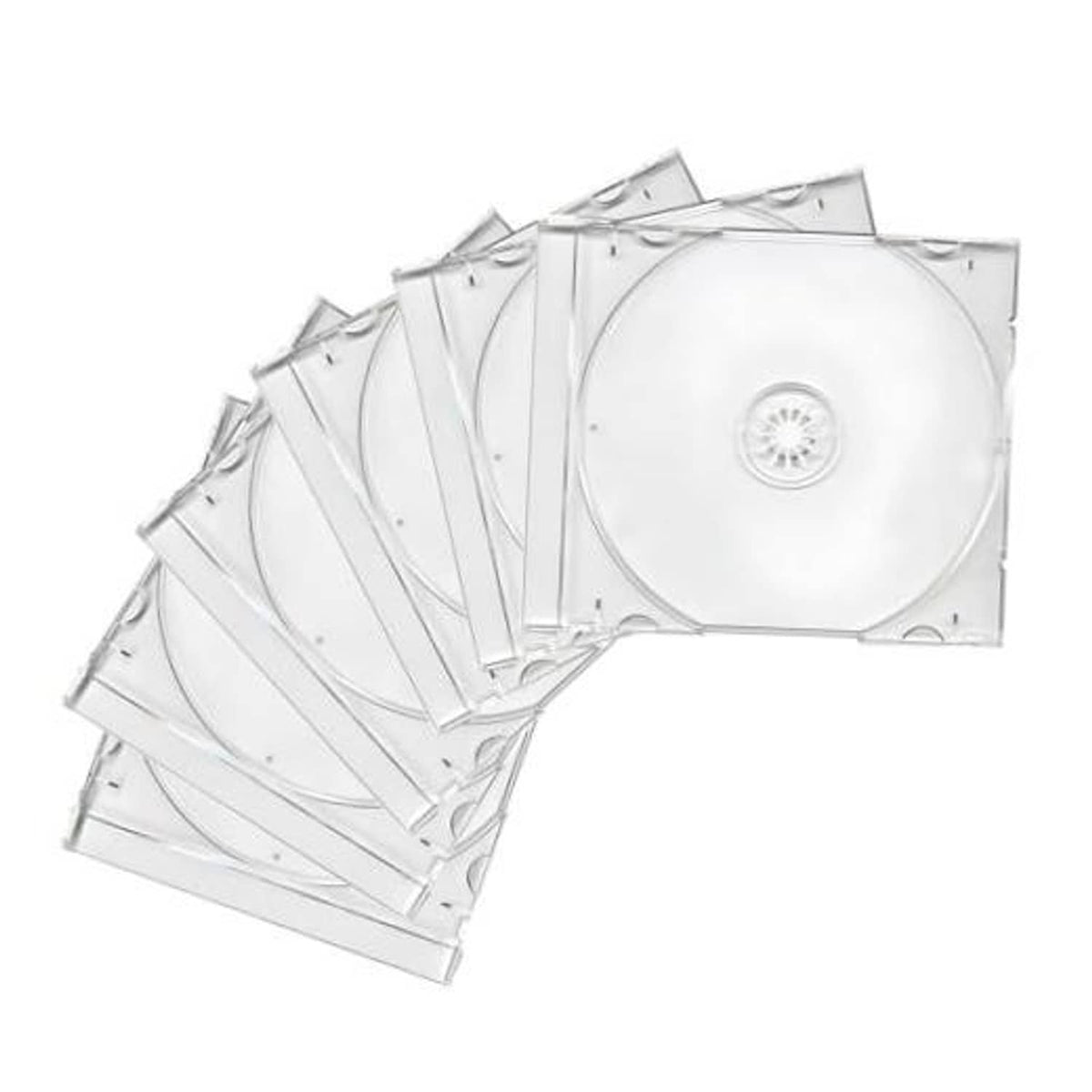 Six-pack clear slim CD jewel cases with transparent trays, stacked for storage