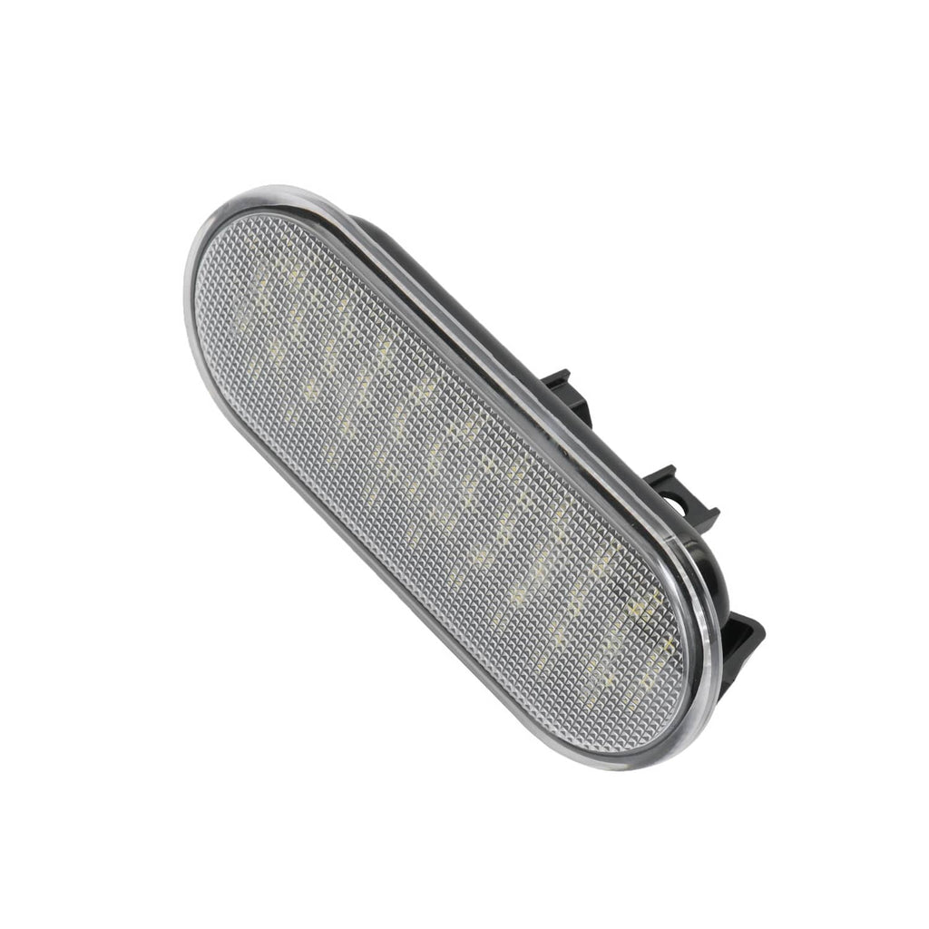 Oval LED light housing with clear lens panel and black mounting brackets