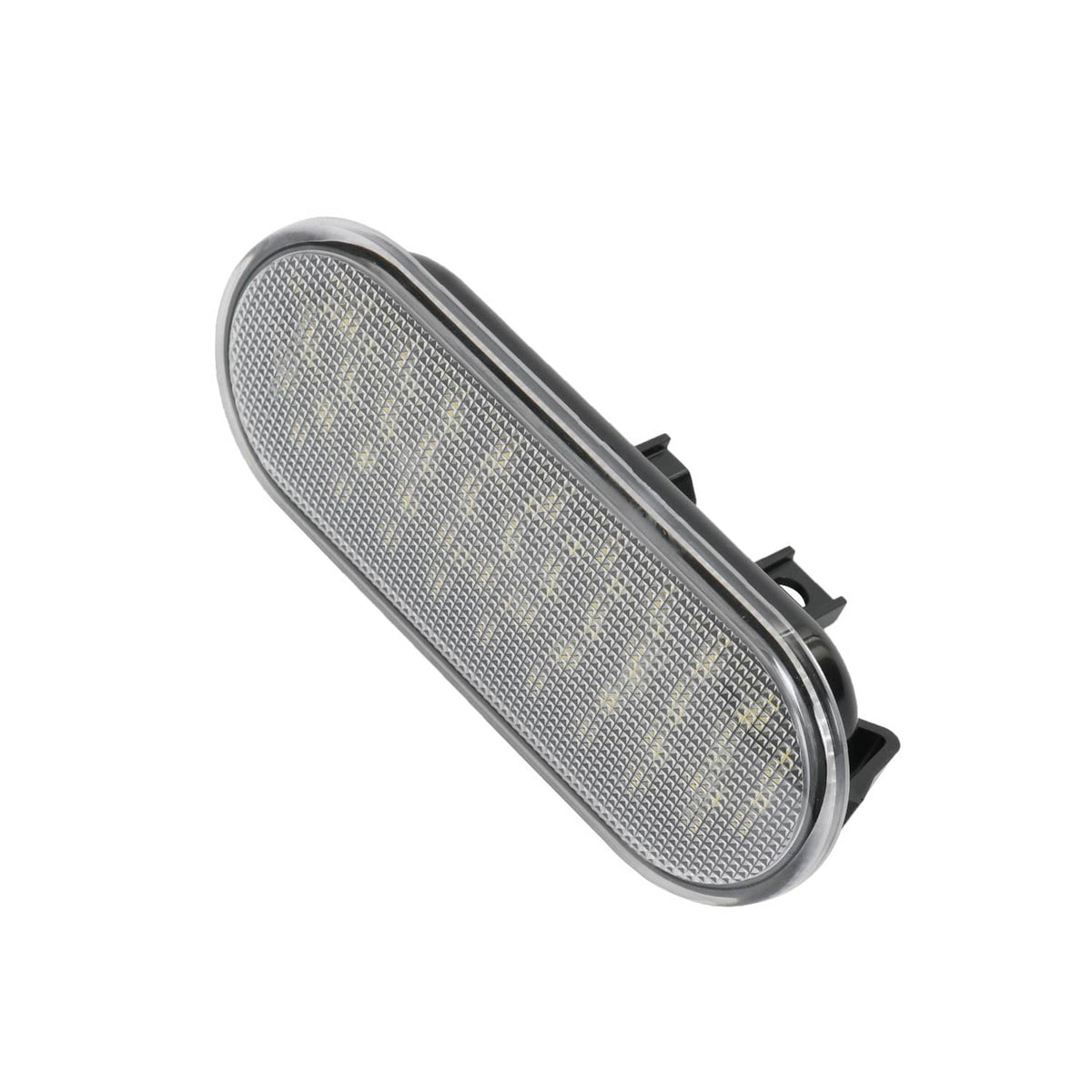 Oval LED light housing with clear lens panel and black mounting brackets