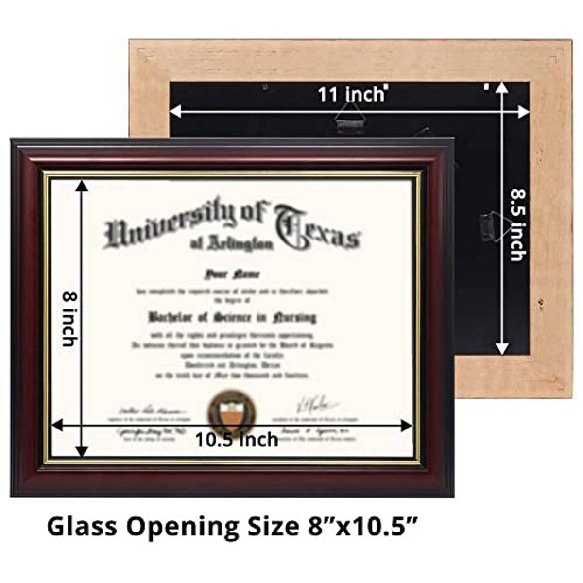 Cherry diploma frame showing 8x10.5 glass opening size for certificate display