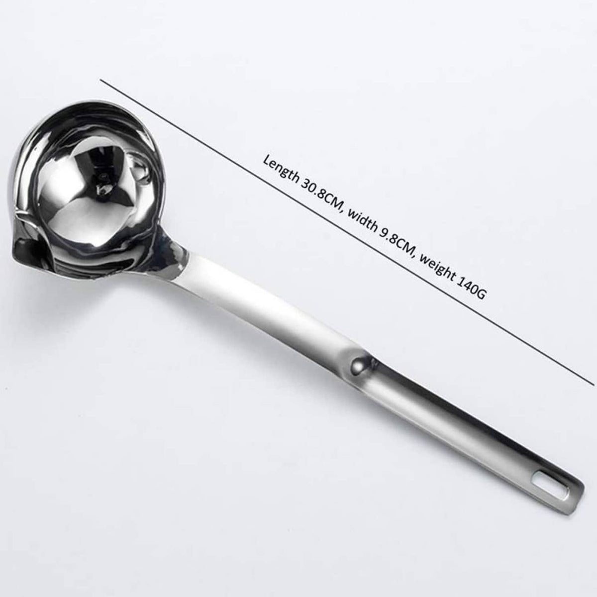 Stainless steel fat separator ladle with long handle and spoon bowl