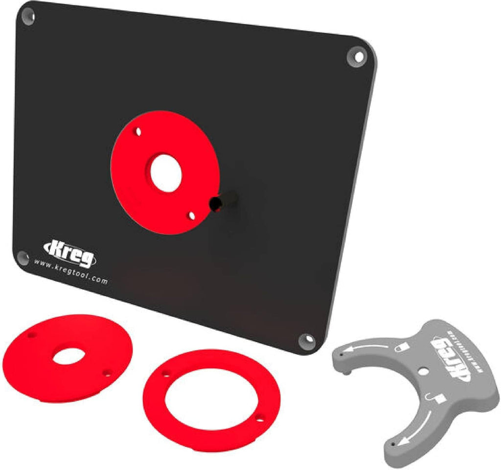 Black Kreg router insert plate with red center ring, red trim ring, and mounting bracket