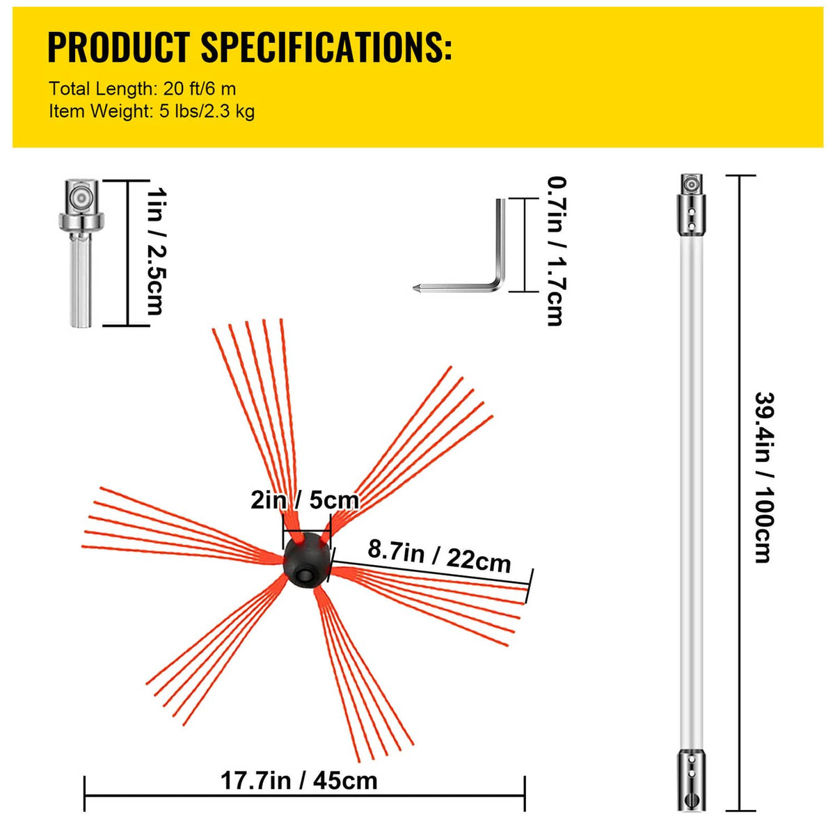 Chimney brush kit with 20ft rods and red bristle brush head size diagram