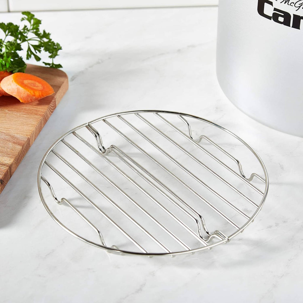 Round silver can cooker rack with vertical rails and bent support legs