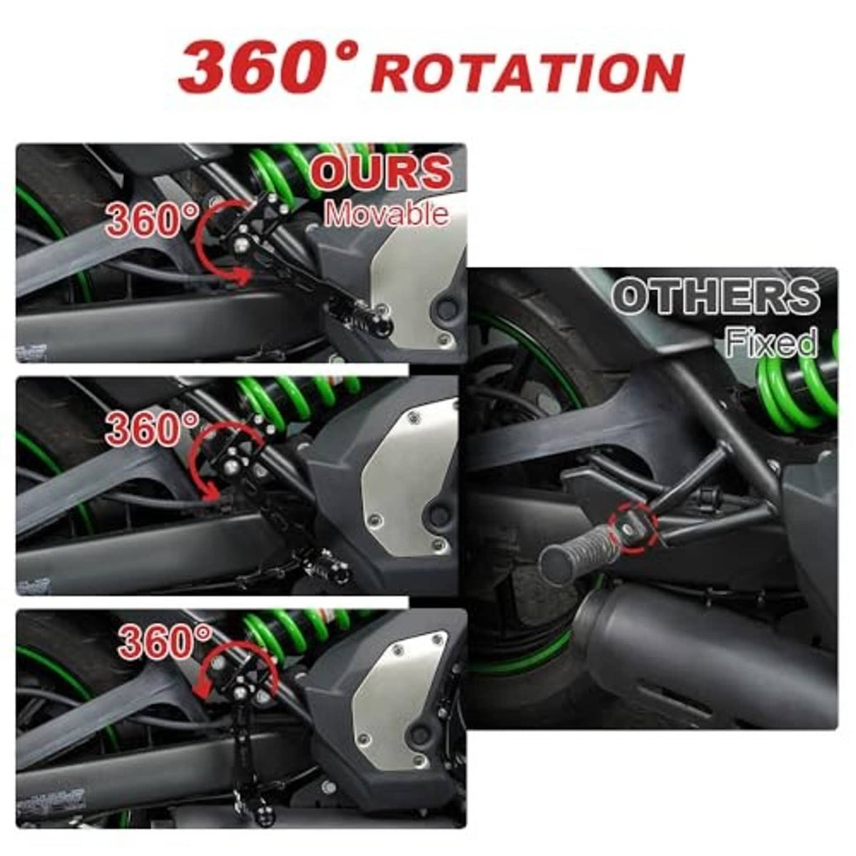 Black adjustable foot pegs on multi-angle mounting bracket with textured footrest