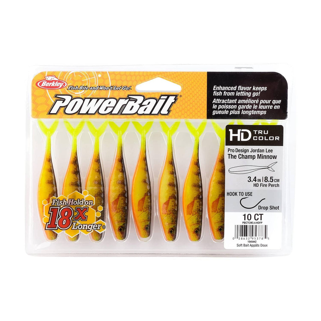 PowerBait Champ Minnow soft lure blister pack, 10-pack with Tru Color details.