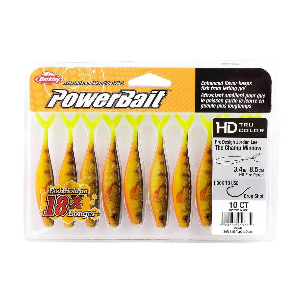PowerBait Champ Minnow soft lure blister pack, 10-pack with Tru Color details.