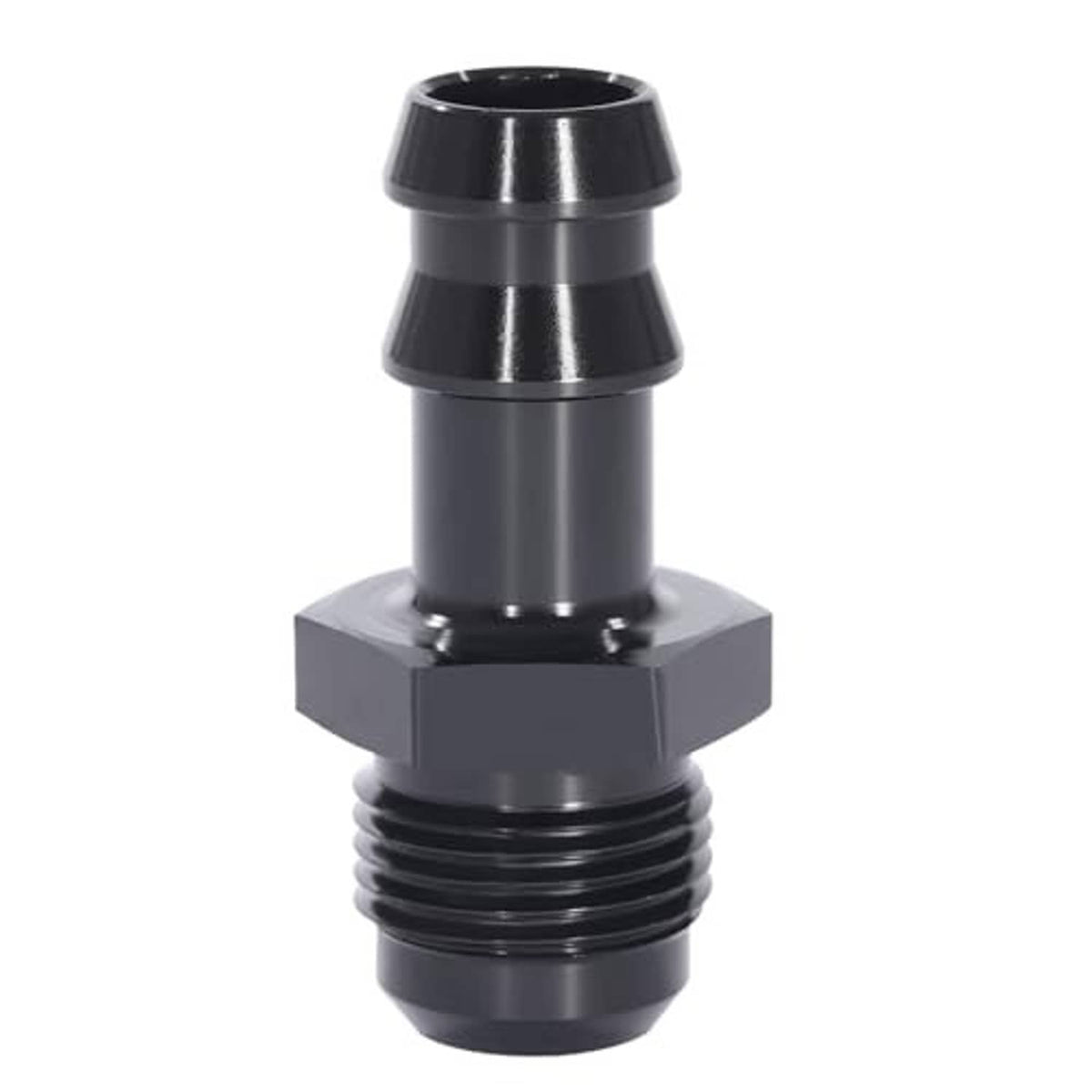 Black straight fitting adapter, male end threads and barbed outlet