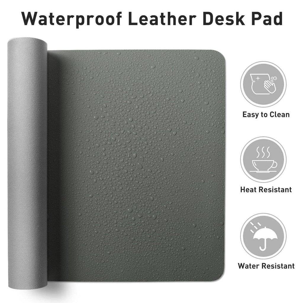 Jungle green leather desk pad protector with water droplets on textured surface
