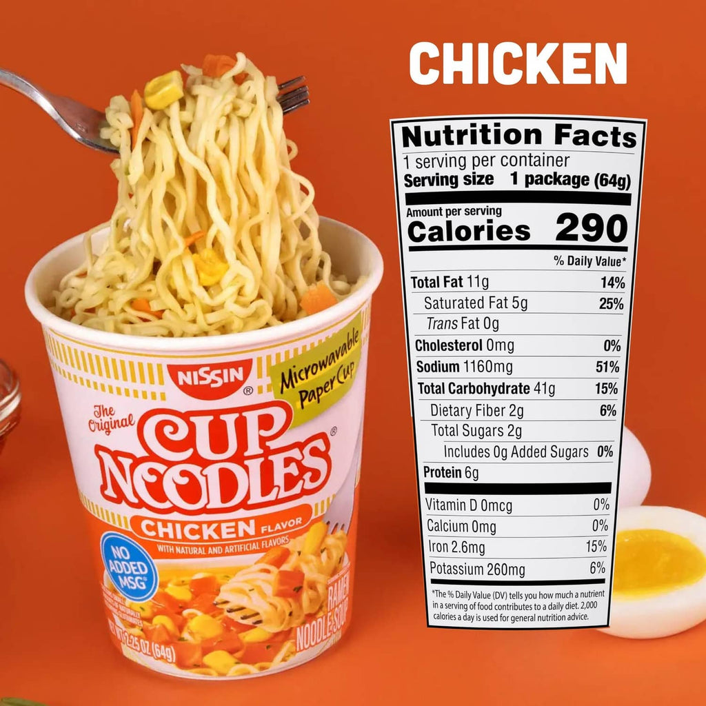 Nissin Cup Noodles chicken flavor cup with noodles and chicken pieces, nutrition label