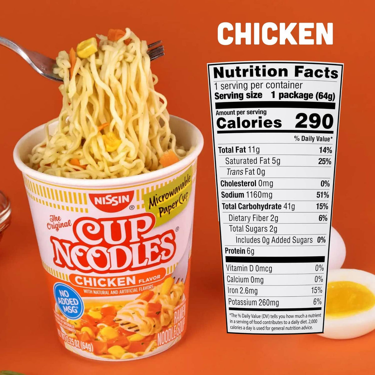 Nissin Cup Noodles chicken flavor cup with noodles and chicken pieces, nutrition label