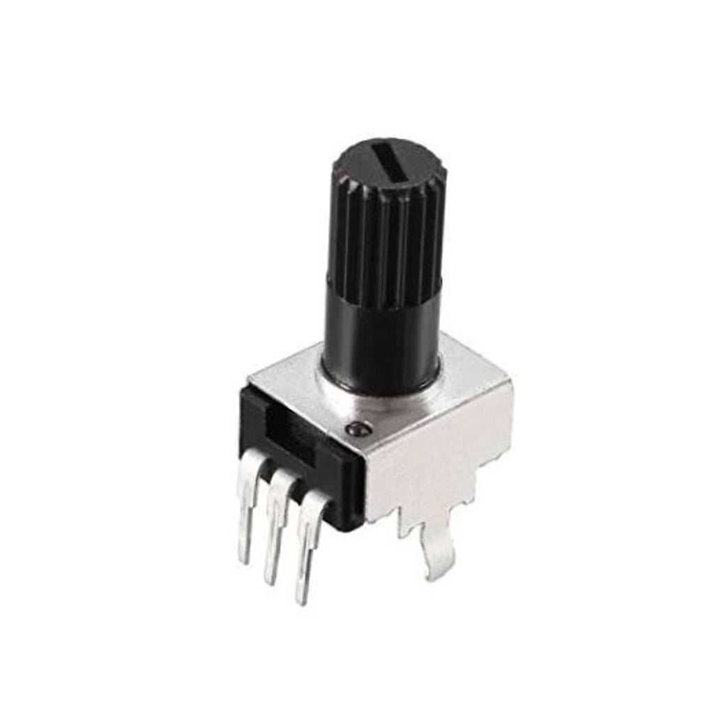 10K ohm single-turn rotary potentiometer with black knob and 3-pin header