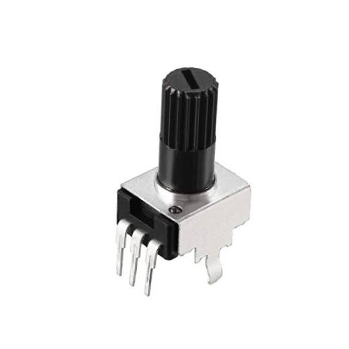 10K ohm single-turn rotary potentiometer with black knob and 3-pin header