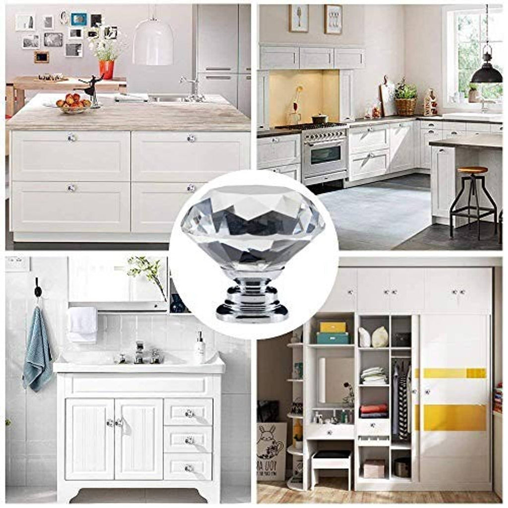 Faceted crystal drawer knob with chrome base, diamond facets, threaded post