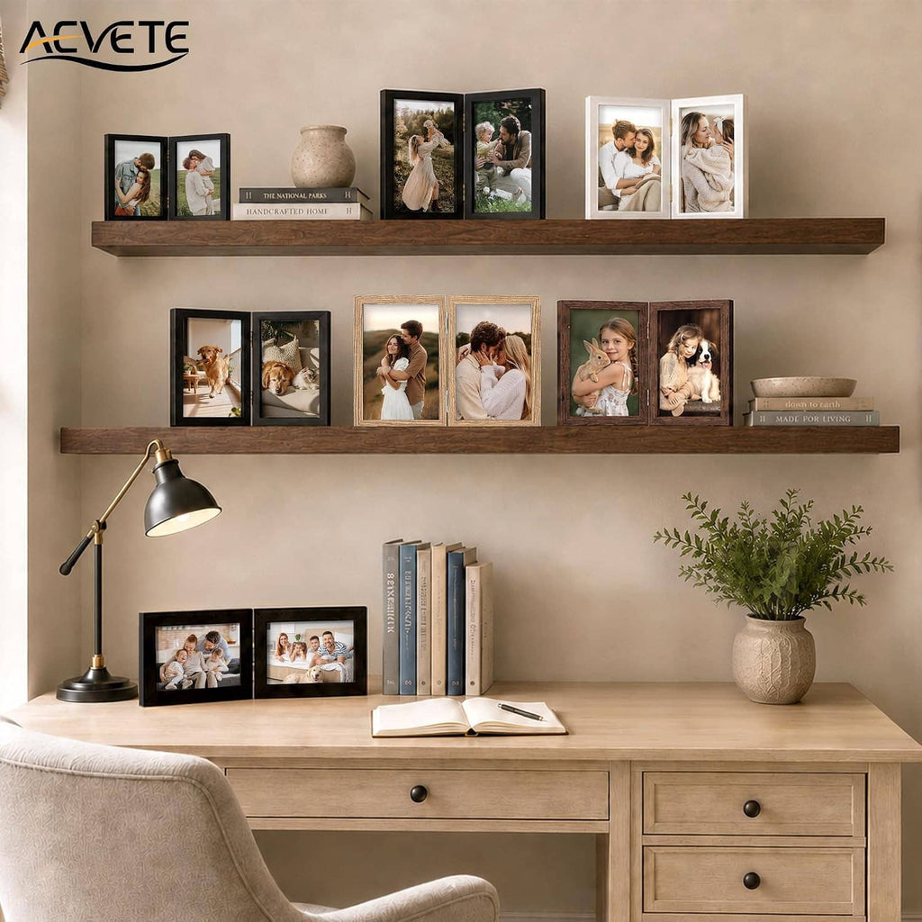 Black folding photo frame set with multiple hinged 5x7 frames arranged on wall shelves