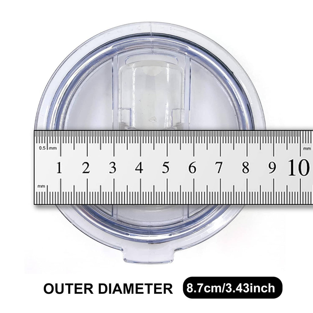 Clear replacement tumbler lid with outer ring and measurement scale; snap-on rim, 8.7cm