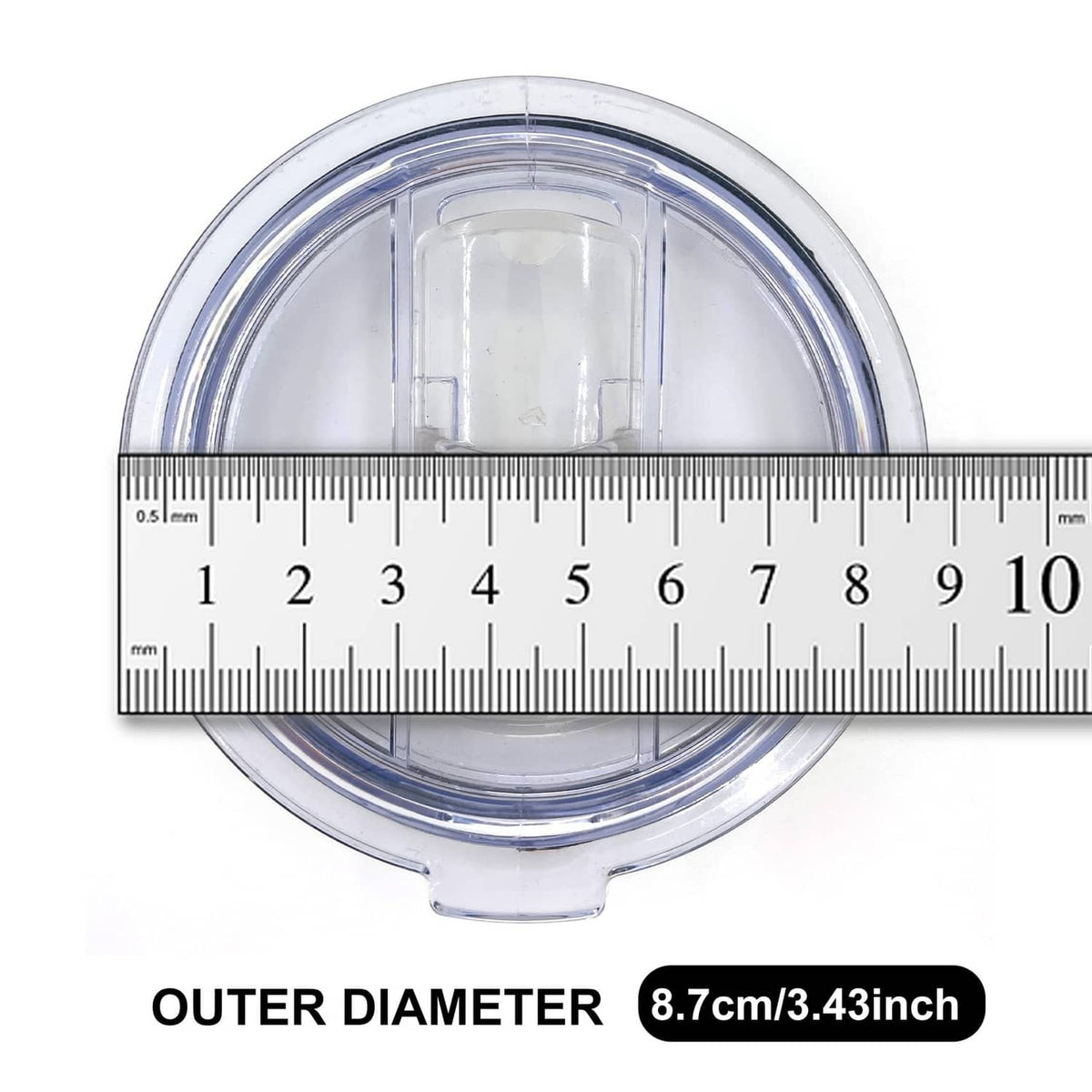 Clear replacement tumbler lid with outer ring and measurement scale; snap-on rim, 8.7cm
