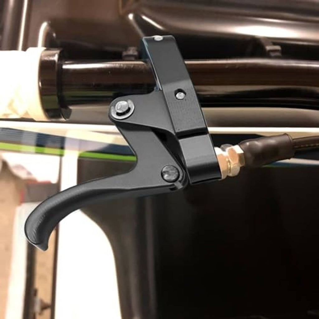 Black finger throttle clutch lever mounted on handlebar with fastener hardware