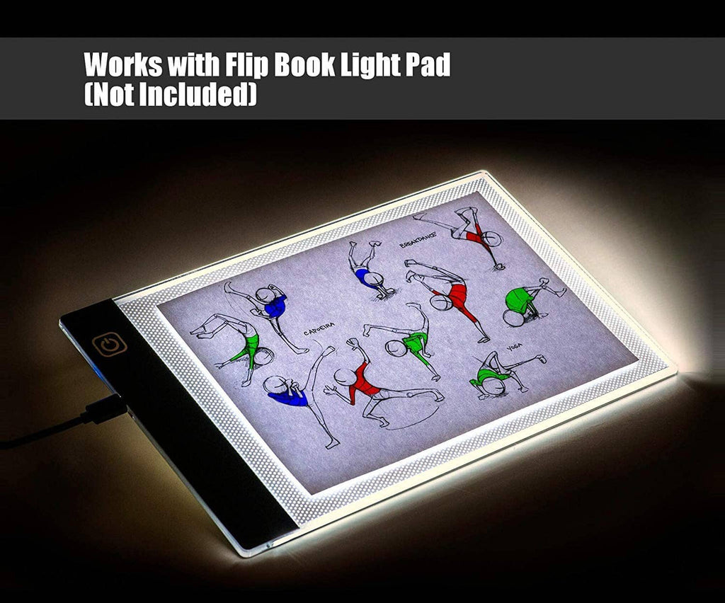 Flip book paper on a light pad, with punched binder holes and small character sketches