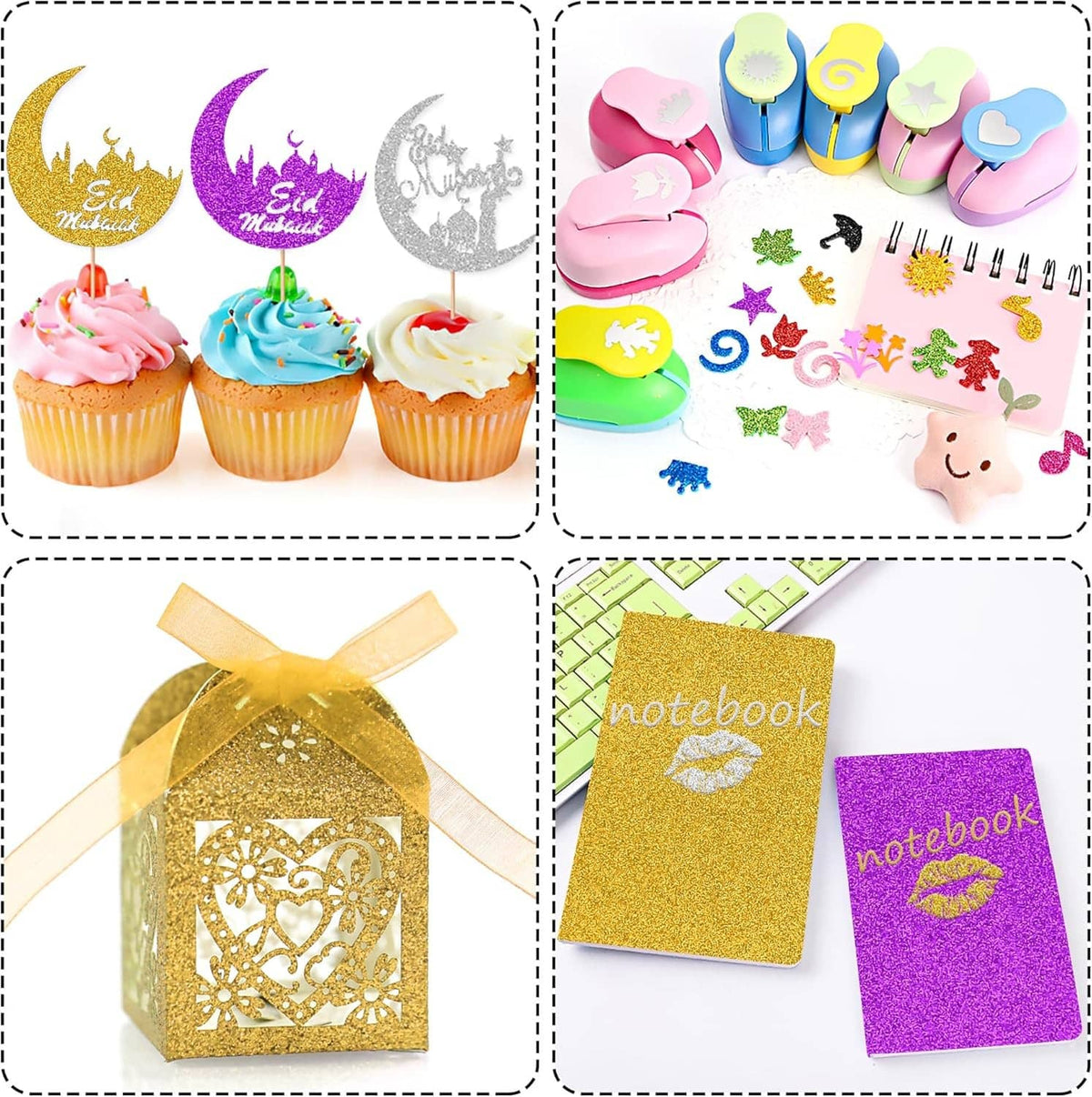 Purple and gold glitter craft paper sheets in rounded-edge card templates