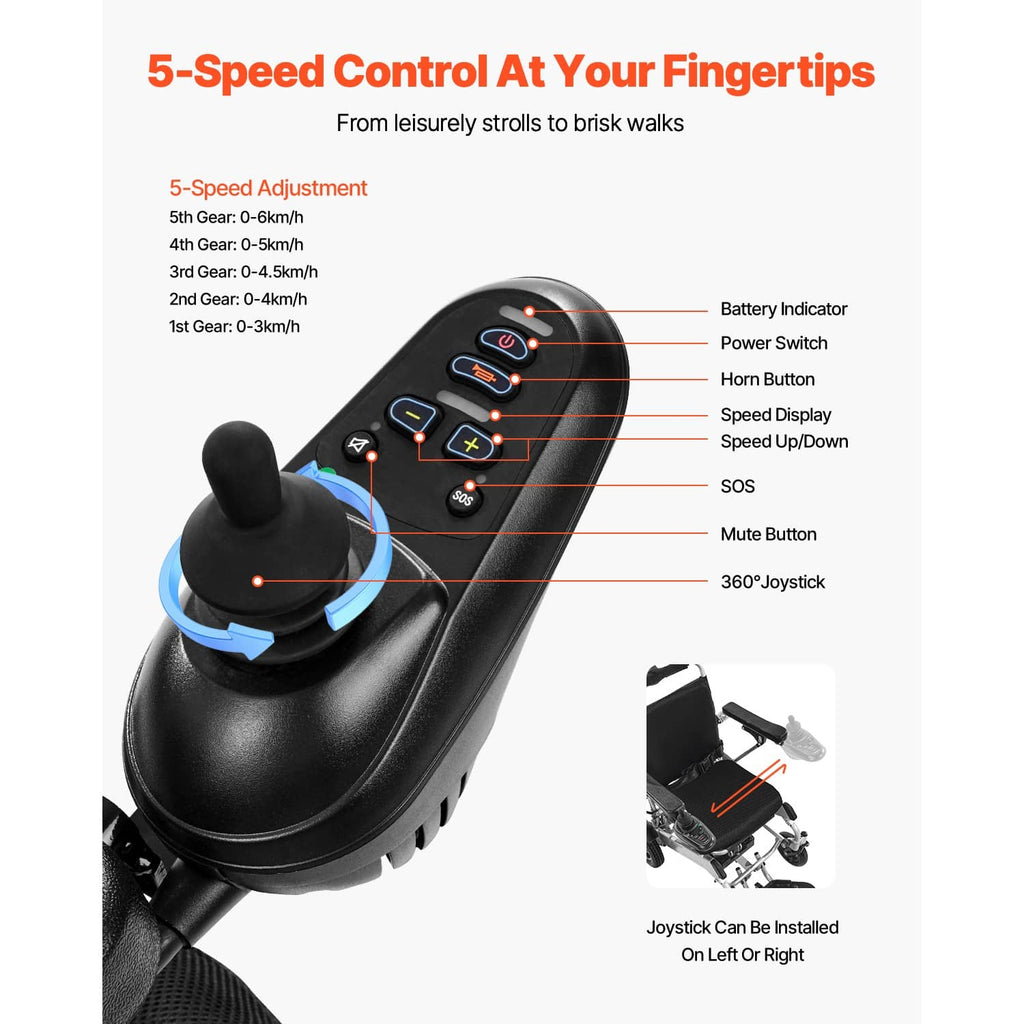 Electric wheelchair joystick controller, black with speed and display buttons