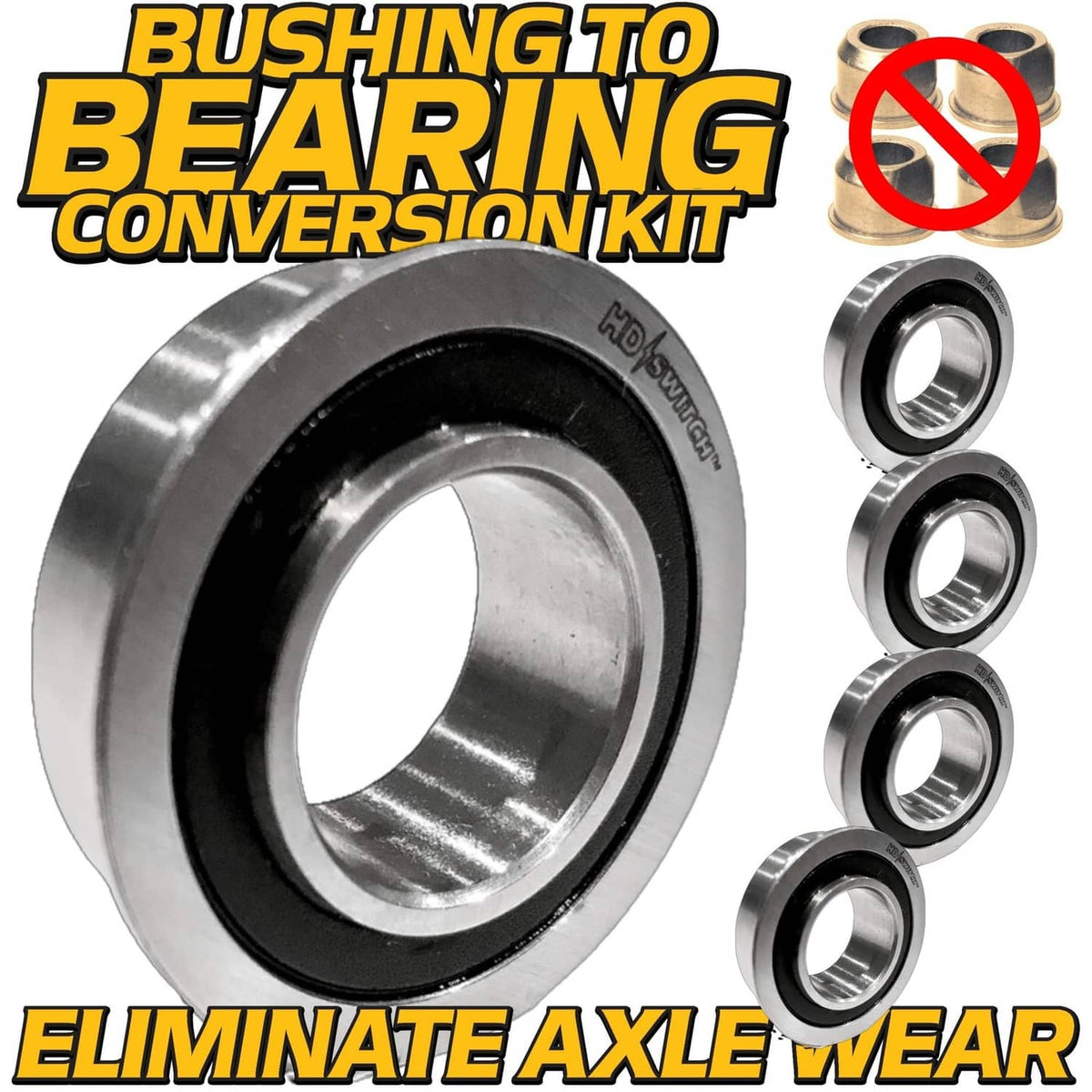Bushing-to-bearing conversion kit featuring a large sealed bearing and metal bearing rings