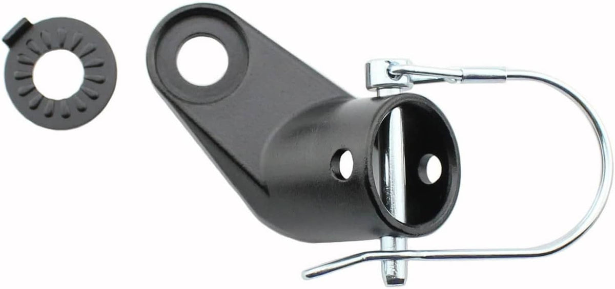 Black steel hitch coupler for bike trailer with spring clip and receiver opening