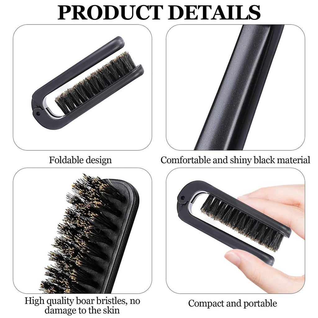 Black foldable boar bristle mini hair brush details with end loop handle