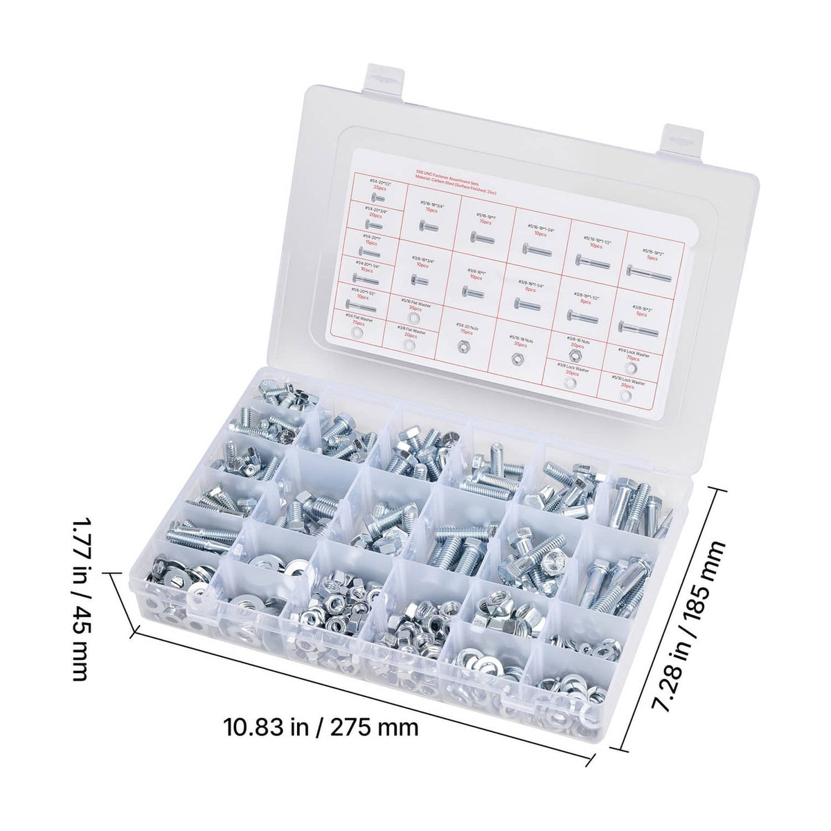Open clear storage box with organized compartments of bolts, nuts, and washers